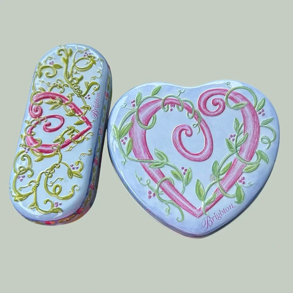 Brighton Heart Jewelry Tin and Sunglass Case Set Pink Blue Floral Vine